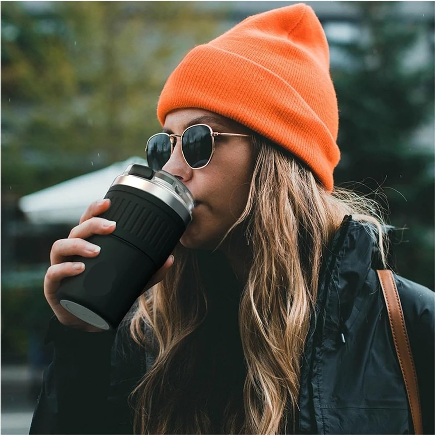 ステンレススチール製コーヒーカップマグ魔法瓶ポータブル旅行用リフティングロープ付き漏れ防止滑り止め400ml(DEEP BLUE)