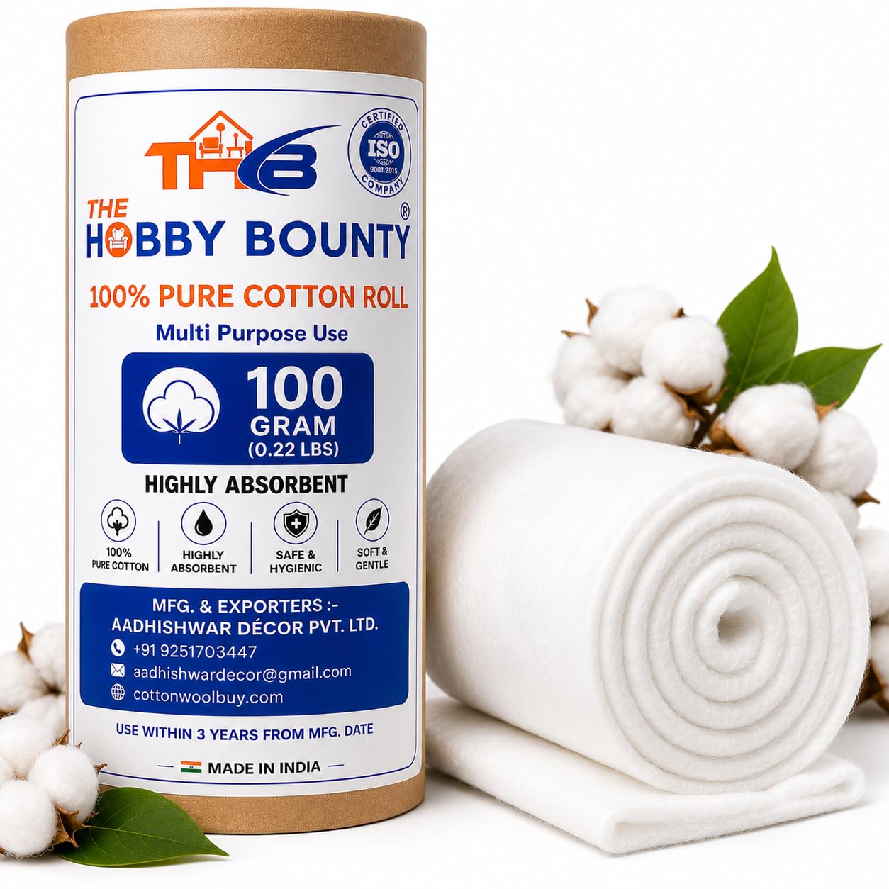 THB Pure Cotton Roll 100g | Ultra Soft Cotton for Makeup Removal, Toner Application & Facial Cleansing | Multipurpose Cotton Roll for Beauty Parlour, Baby Care, Skincare & First Aid Use