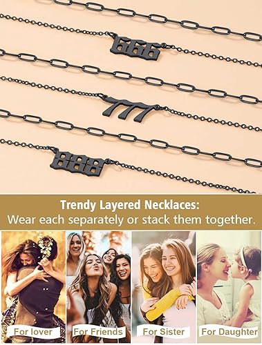 Miniatura 6 de FindChic Collar de cadena con clip de número de ángel para mujer, acero inoxidable, chapado en oronegro, 222 444 888 999 con número