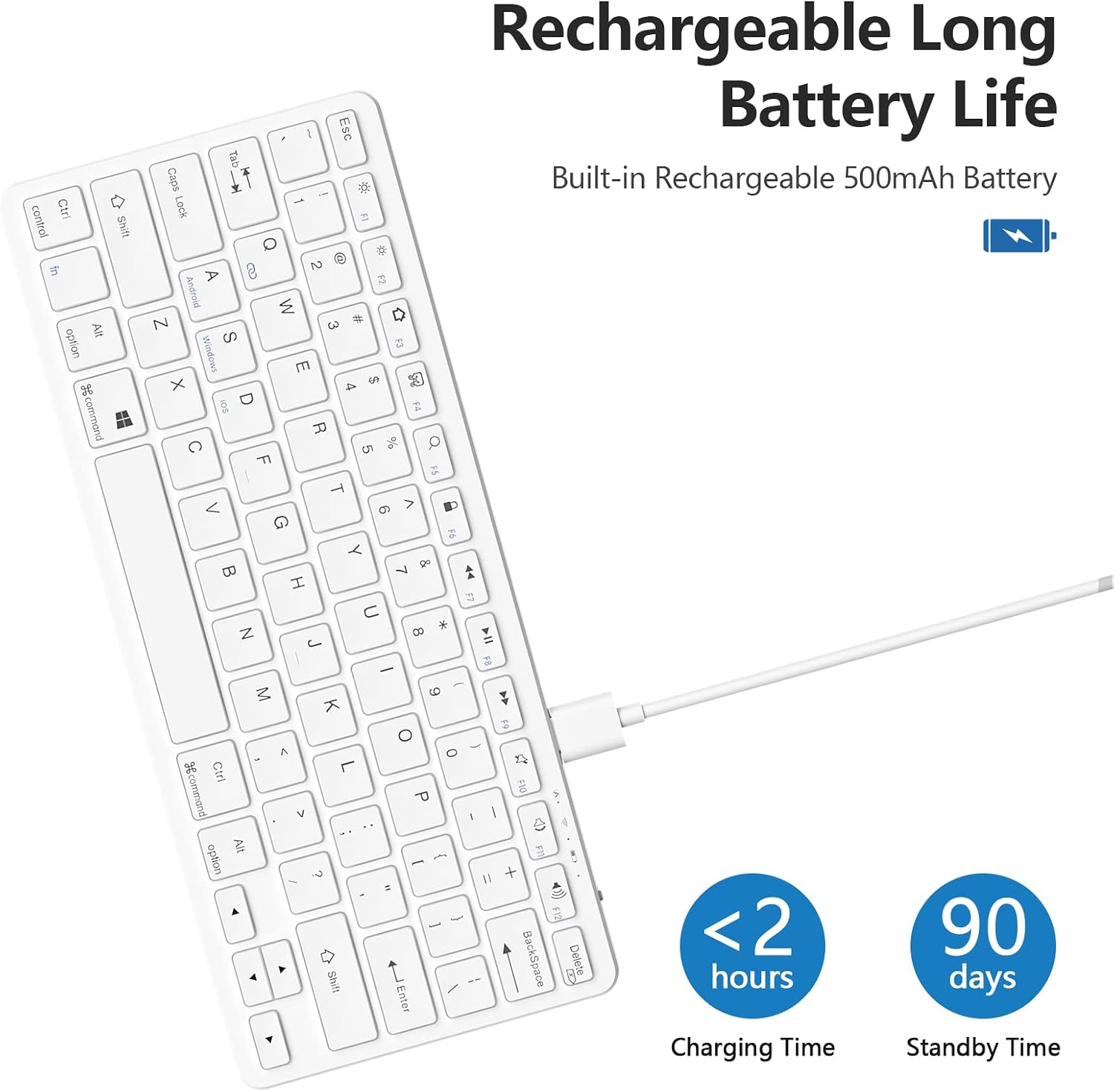 The TaIYanG Bluetooth Keyboard connected to a charging cable, with text indicating '<2 hours' for charging time and '90 days' for standby time.