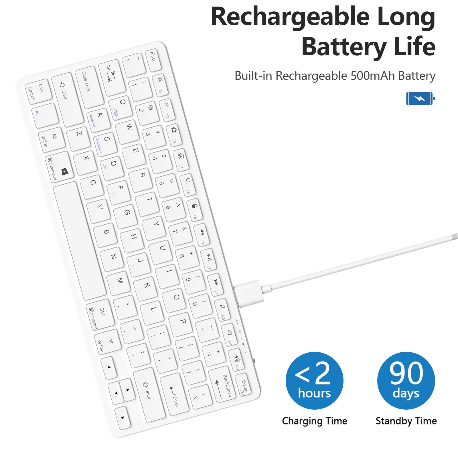 Teclado Bluetooth para iPad Teclado inalámbrico compatible con iPad 10ª/10.2 (9ª/8ª/7ª generación), Air 5ª/4ª, Pro 11/12.9, 9.7, Mini y todos los dispositivos Bluetooth (blanco) 3