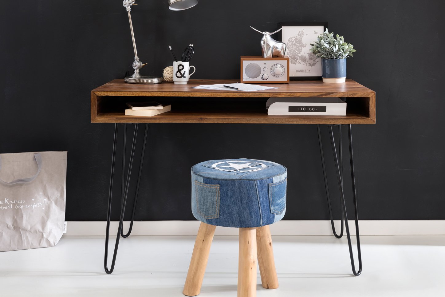 FineBuy Schreibtisch Harlem 110x60x76 cm Sheesham Massivholz, Ablage