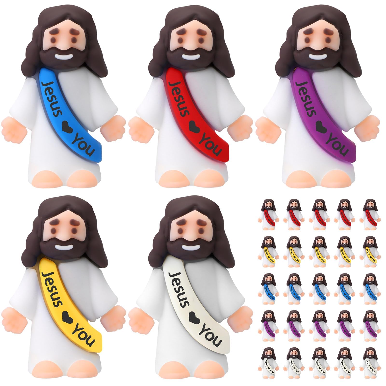 Oneser 25 Pcs Little Jesus Figures Love You Mini Rubber to Hide and Seek Easter Egg Stuffers Religious Party Favors Sunday School Baptism 5 Styles Gifts