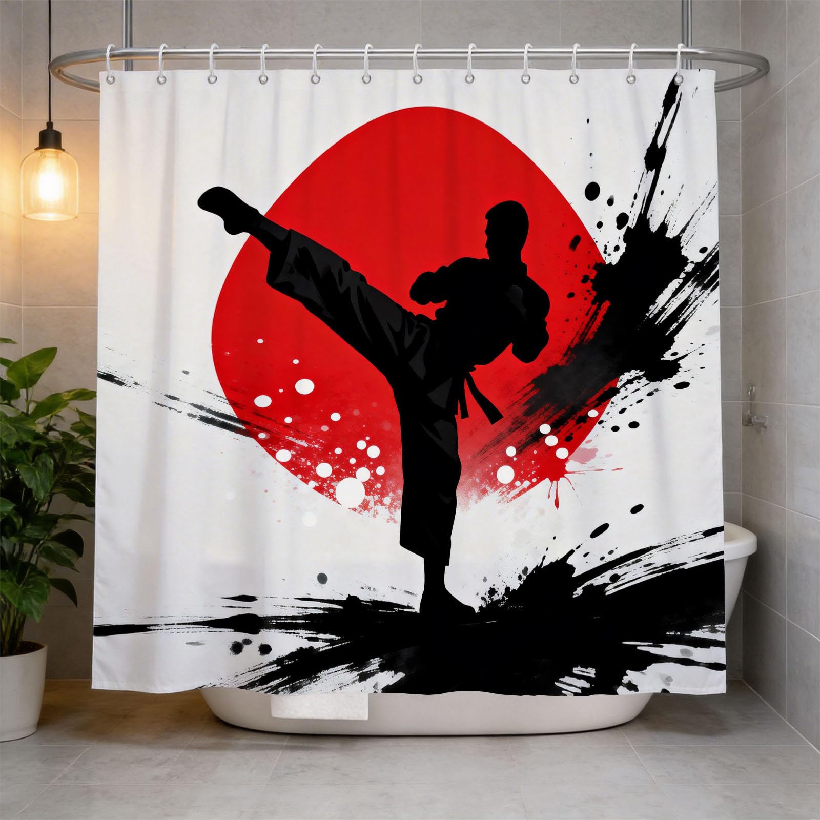 Hongduo 3D Karate Silhouette Shower Curtain for Stalls Bathtubs Cartoon Bathroom Decor Shower Curtain Set Polyester Fabric Waterproof 180x180cm/71X71 Inch with Hooks