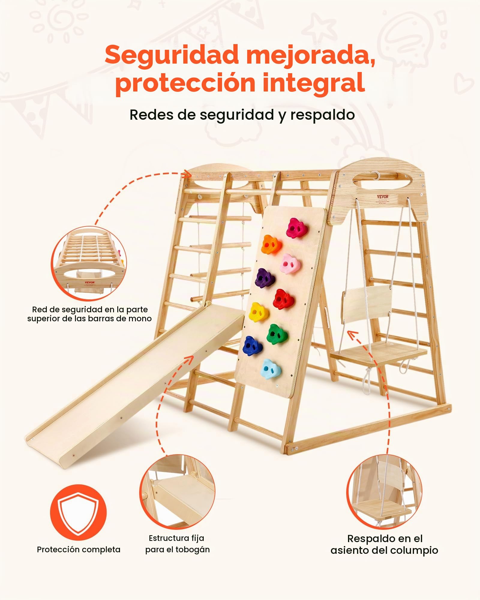 VEVOR Parque Infantil de Interior, Gimnasio de Interior para Niños de Madera, Multifunción con Juguetes de Escalada Tobogán Columpio Barras de Mono Escalera de Malla, Conjunto de Juegos para Niños