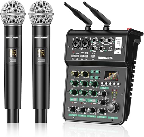 Interfaz de audio de 4 canales con micrófono inalámbrico dual, consola de placa de sonido, MP3, Bluetooth, 48V, alimentación fantasma, interfaz USB,