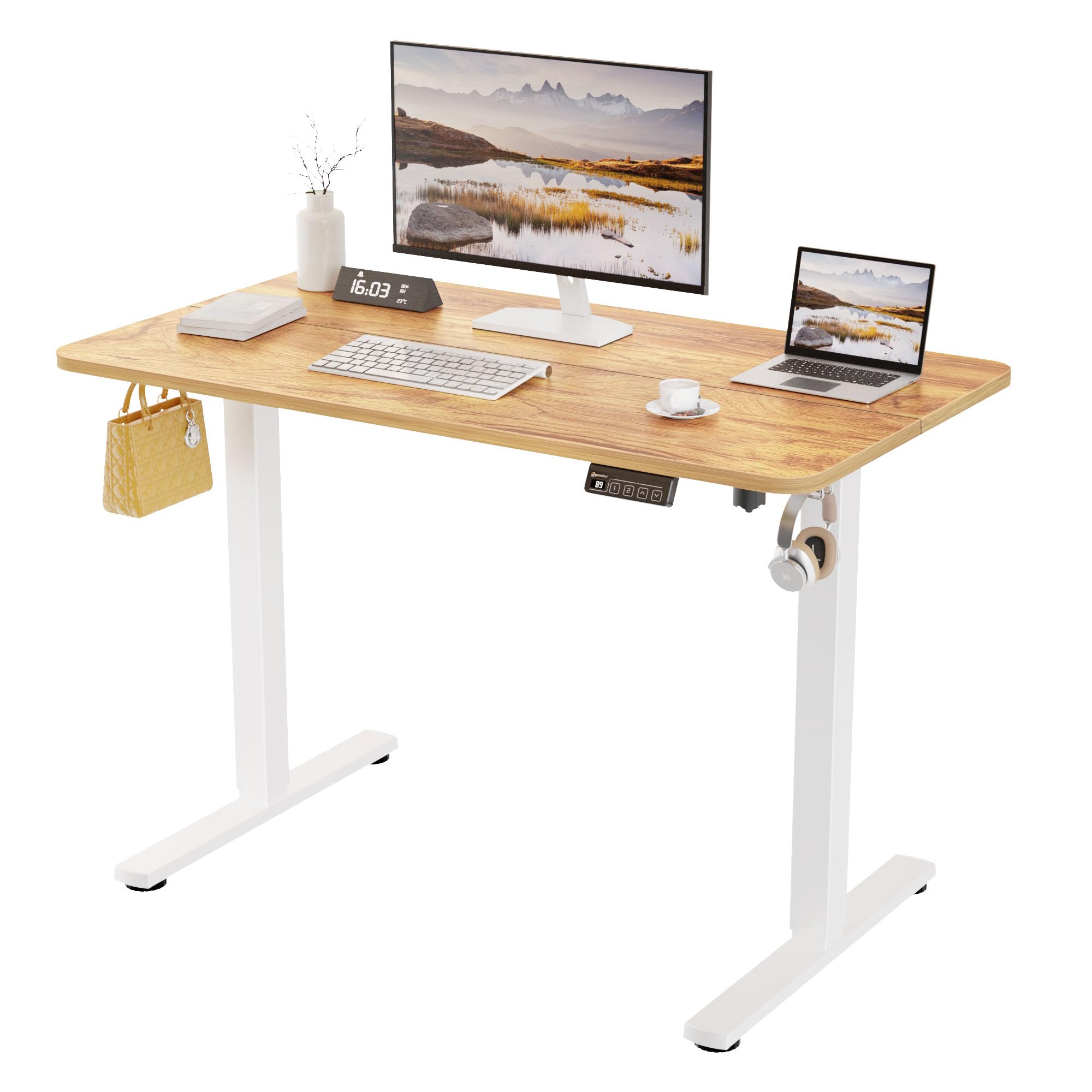 ERGOMAKER Standing Desk 110x60cm, Height Adjustable Stand Up Desk with Memory Handset Hooks for Home Office, Light Rust Brown