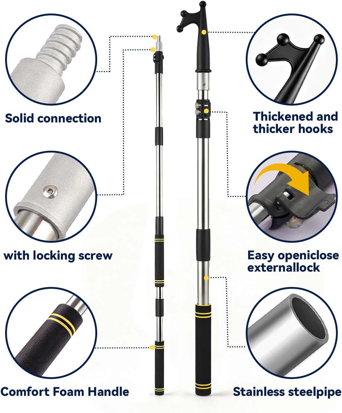 Boat Hooks Pole for Docking, Telescoping Boat Hook Pole 2.46–8.8 Ft with Non-Slip Grip Stainless High Load Capacity 3/4-Inch Threaded Multi-Purpose Extension Pole for Docking and Home & Marine