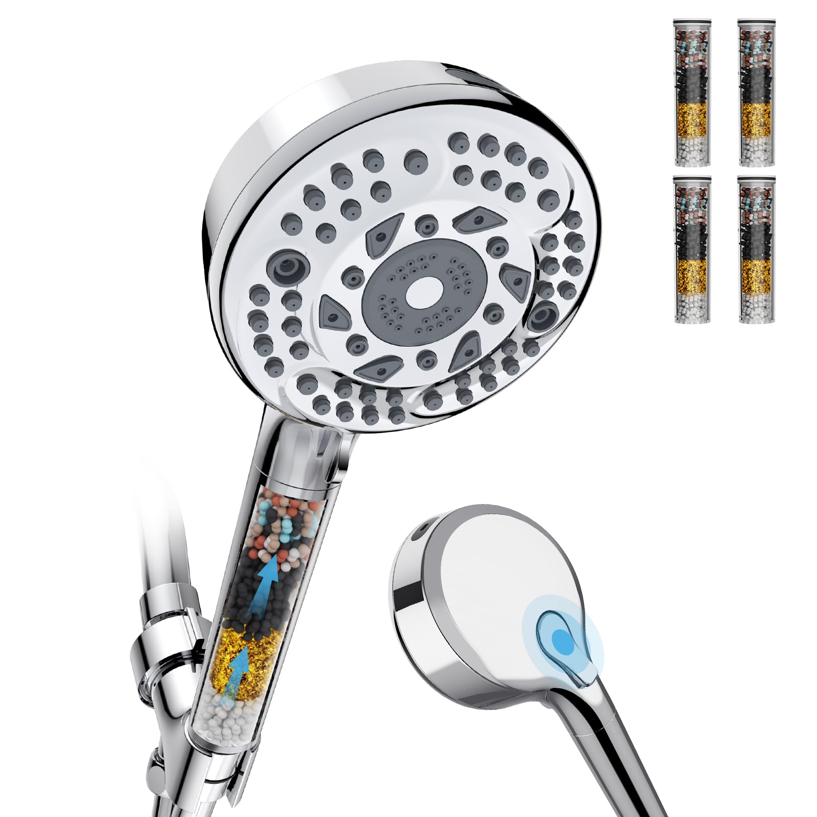 Embather Chrome Filtered Shower Head With Handheld, 9 Spray Mode High Pressure Shower Head With 4 Filters, Hard Water Filter Showerhead - Remove Chlorine,