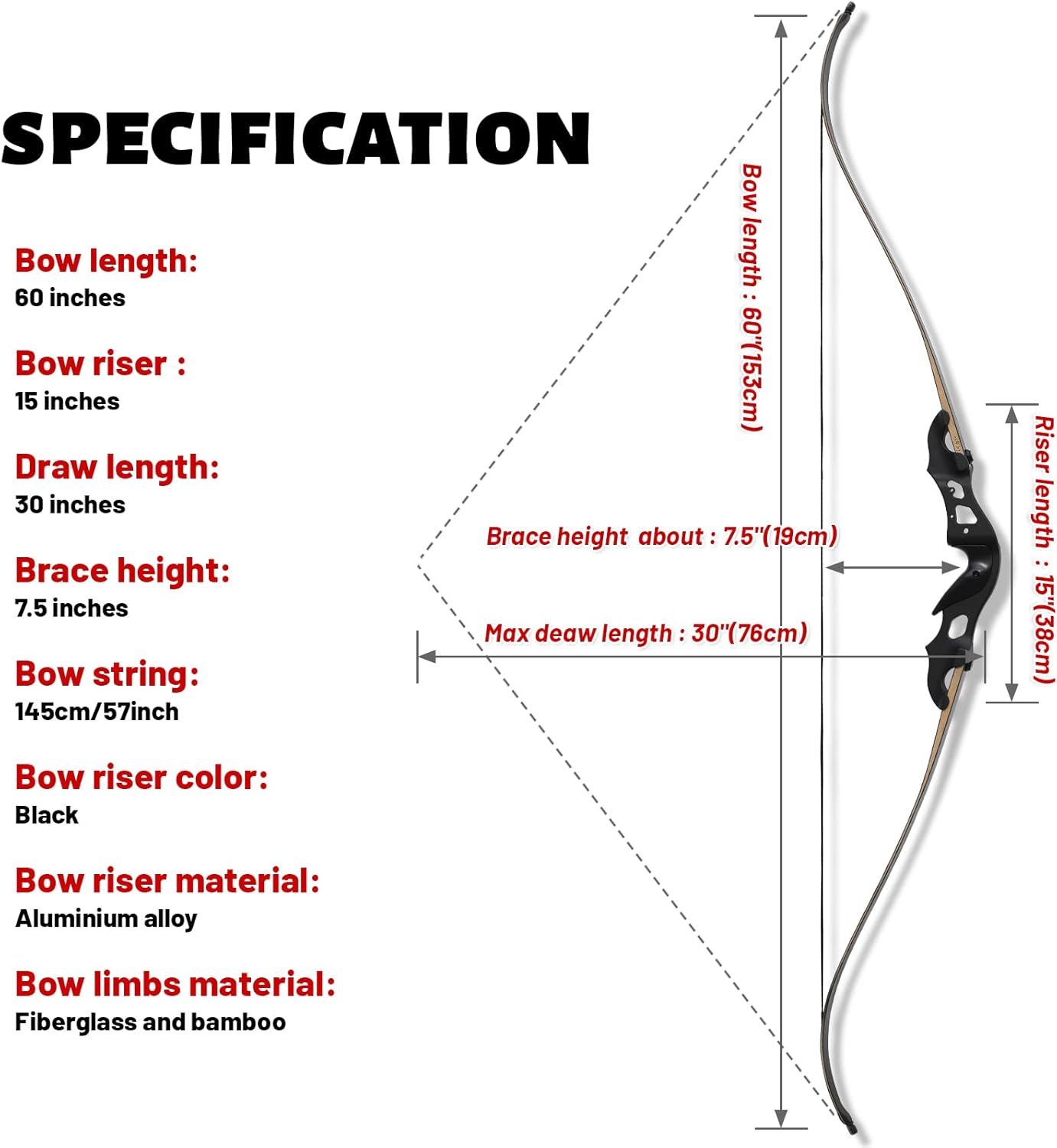 OBTOUTDOOR Black Hunter Original Takedown Recurve Bows for Adults Hunting Bow Archery Bow Longbow 60" 20-55 lbs Right Hand Aluminium Alloy Riser for Outdoor Shooting Hunting Competition