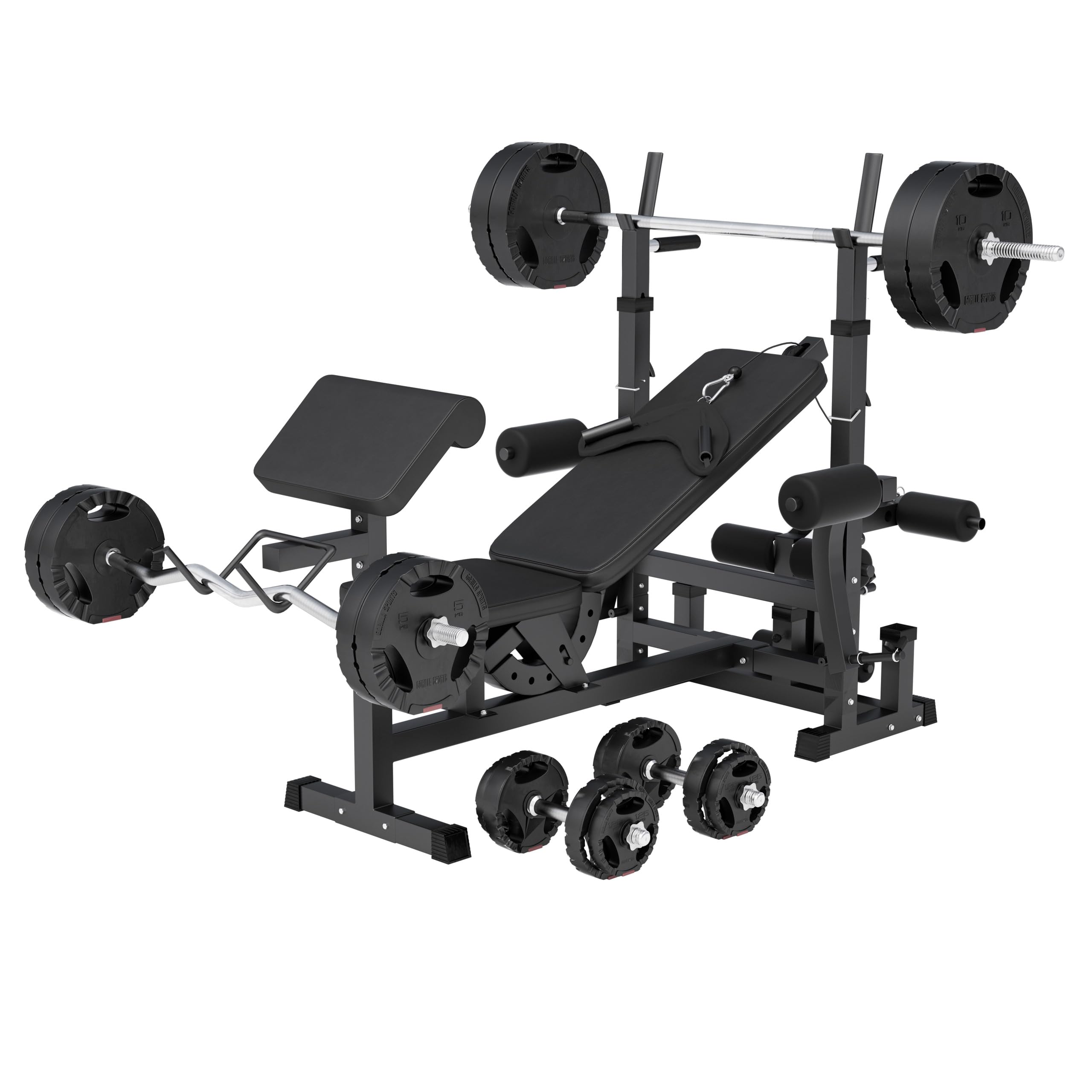 GORILLA SPORTS® Hantelbank mit 100 kg Hantelset und Latzug , Ablage | Mit verstellbarer, Dip-Station, Butterfly, Curlpult und Beincurler, bis 280 kg; Multifunktionsbank und Kraftstation