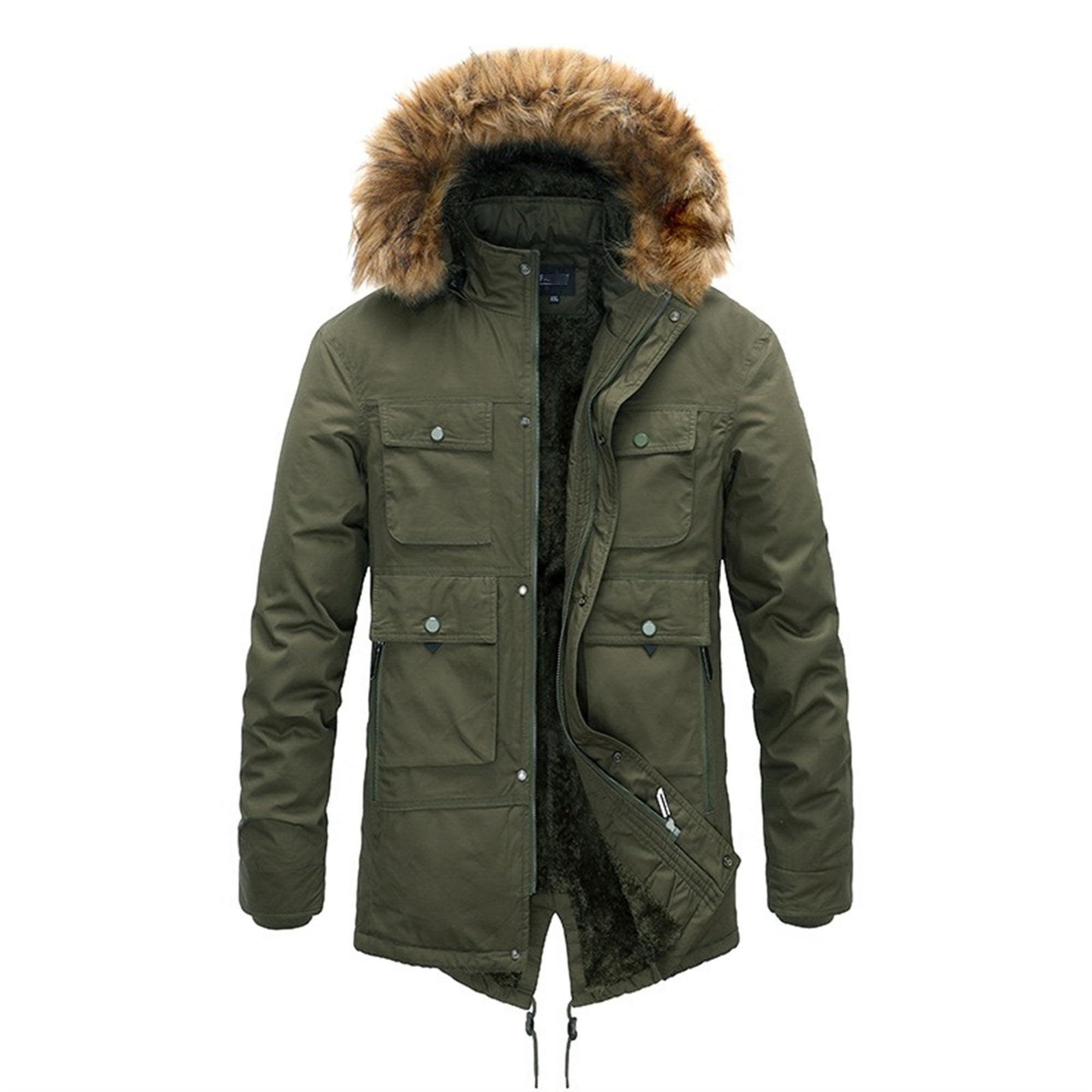 ZDJSWJ hombres lana engrosada cortavientos pelusa piel capucha larga Paka Puff Parka esquí impermeable invierno