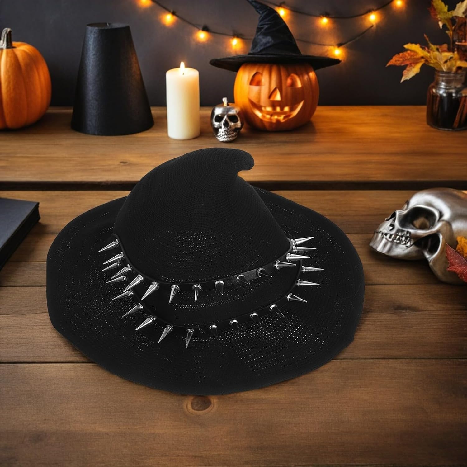 Abaodam Knitted Halloween Witch Hat with Spike Rivets, Steampunk Wizard Cap for Women and Men, Comfortable Punk Costume Accessory for Masquerade and Halloween Party