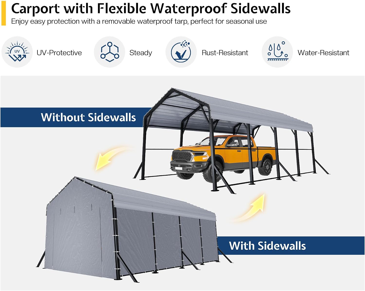 Image showing the Jocisland carport both with and without its removable sidewalls, illustrating its flexible configuration.