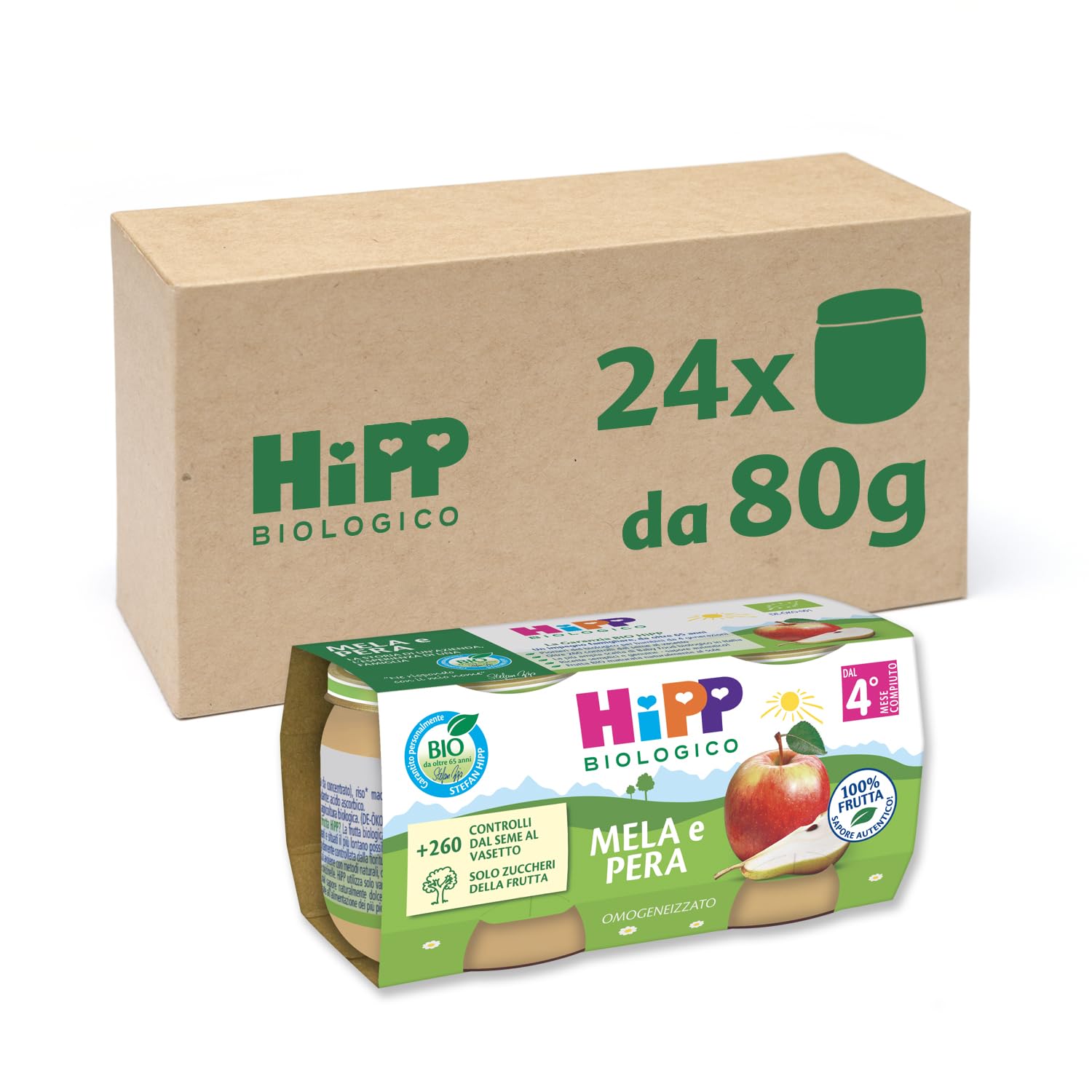 HiPP - Omogeneizzato di Frutta Biologico per Neonati, Gusto Mela e Pera, 100% Frutta, 24 Vasetti da 80 g