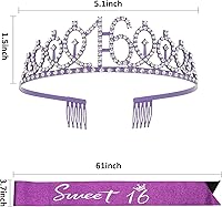 Vista 7 de 16th - Kit de corona y banda morada, decoraciones de fiesta de dulces 16, regalos y suministros para niñas (morado)