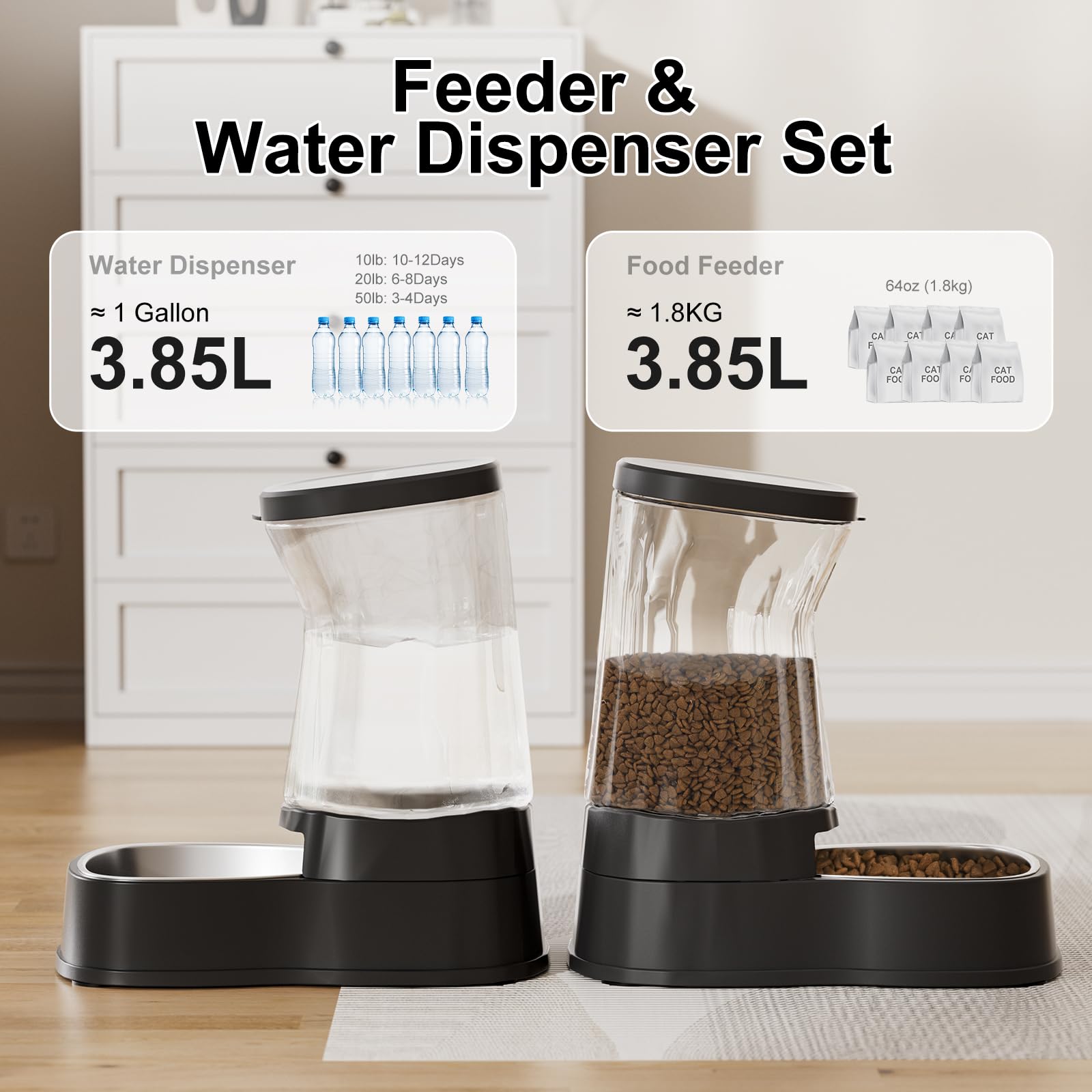 Gardner Pet 3.85L Distributore Automatico Cibo Gatti (Set da 2), Dispenser Acqua Gatti con Ciotola in Acciaio Inox, Dispenser Crocchette Gatto Assenza di ElettricitÀ, Senza BPA, Nero