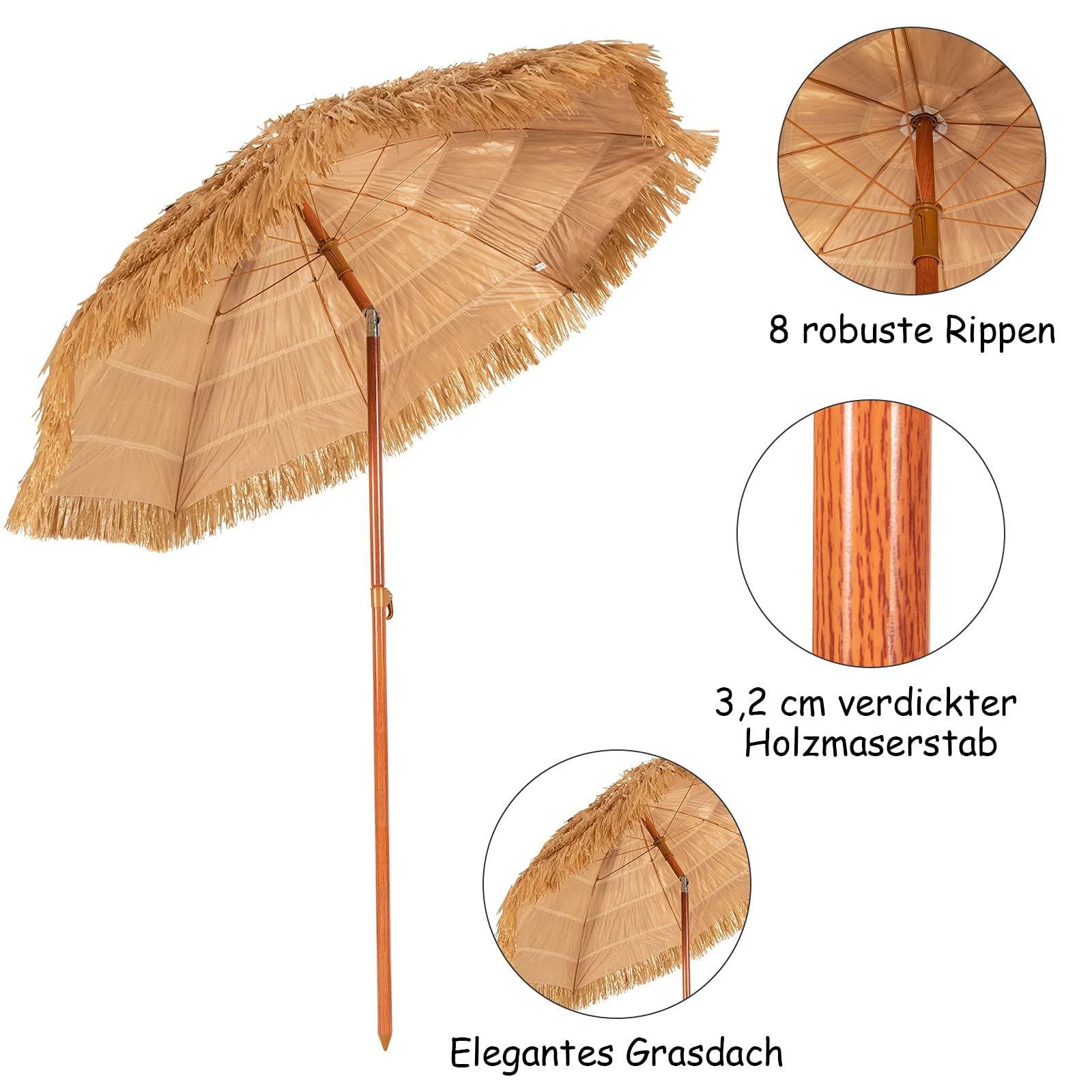 GOPLUS Muebles de Exterior de 2 Piezas, Tumbona Plegable en 5 Posiciones, 190 x 57,5 x 29 – 84,5 cm, 2M Sombrilla Paja de PP con 8 Varillas para Piscina, jardín (Negro, 1 Tumbona+1 Sombrilla)