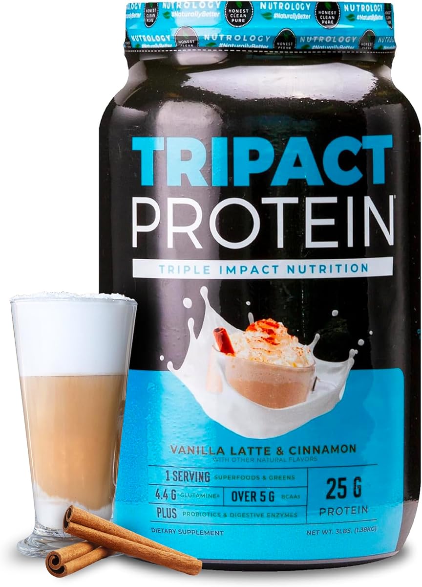 Nutrology TRIPACT Protein Powder - 7-in-1 Meal Replacement Shake with Grass Fed Whey Protein Powder, Pea, Rice, Greens for Muscle Recovery & Immunity, Vanilla Latte & Cinnamon Flavor, 40 Servings