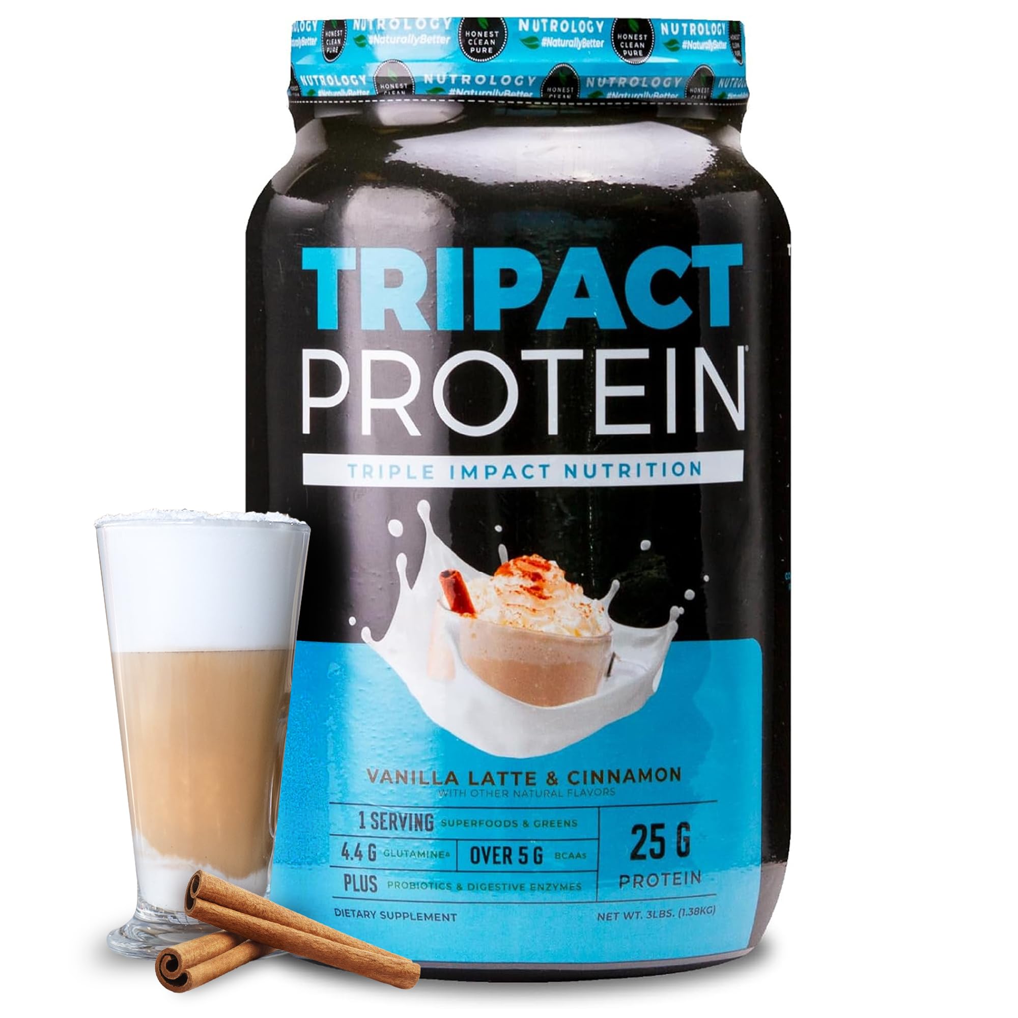 Nutrology TRIPACT Protein Powder - 7-in-1 Meal Replacement Shake with Grass Fed Whey Protein Powder, Pea, Rice, Greens for Muscle Recovery & Immunity, Vanilla Latte & Cinnamon Flavor, 40 Servings