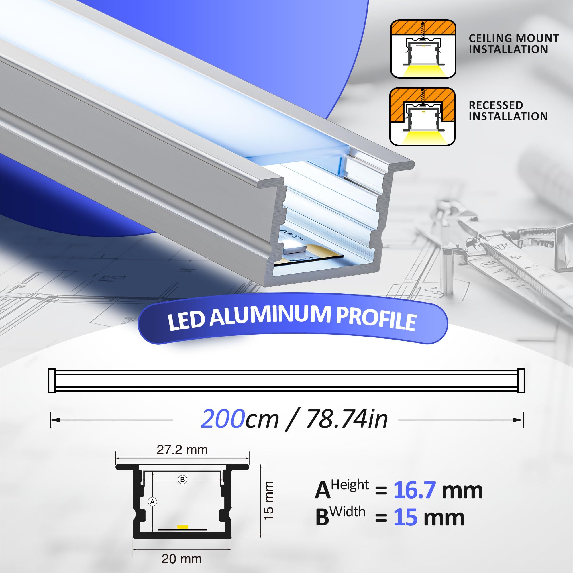 20 x Profili per Strisce LED 2 m (40m) U Profilo Alluminio per Cartongesso, Compatibile con Strisce LED fino a 15 12 mm – Binario LED con Diffusore Opalino, Tappi Finali - 27,2 x 15mm