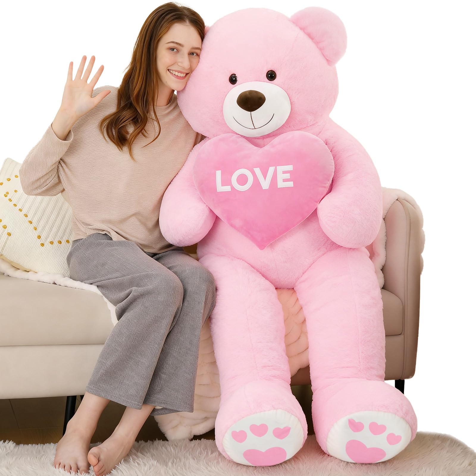 MorisMos 183cm Giant Teddy Bear, 6ft Pink Love Teddy Bear for Girlfriend, Large Teddies Soft Toy with Heart, Big Cuddly Fluffy Bear Gift for Kids Her Wife Birthday Mothers Day Deco