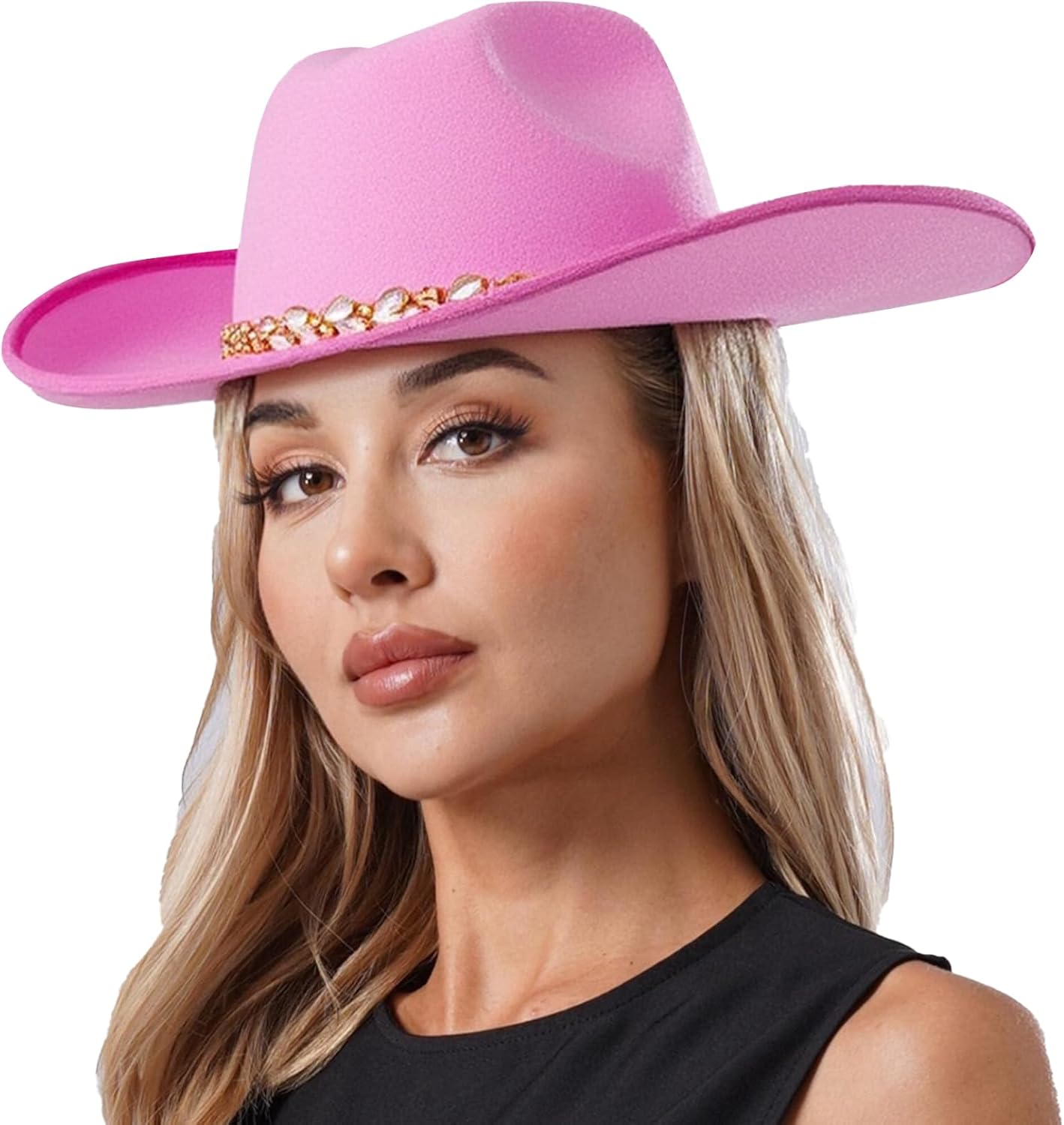 Western Cowboy Hat for Women, Sparkly Rhinestone Belt Embellished Flanging Top Hat for Halloween