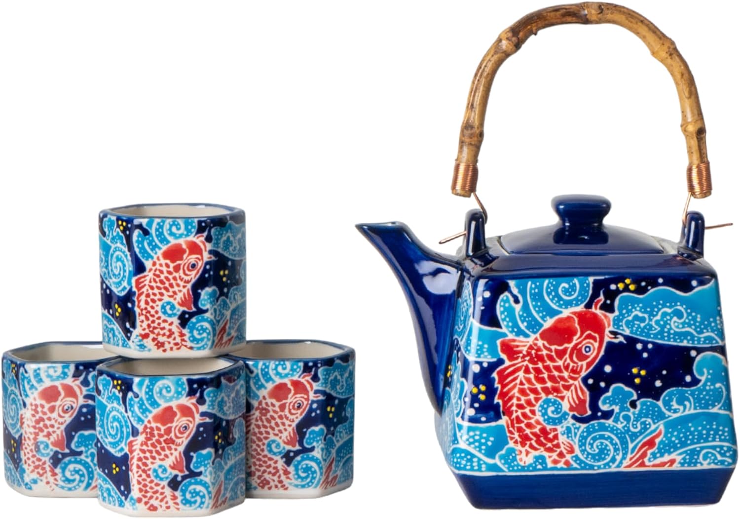 Porcelain Tea Set Square Shape 20 fl oz Teapot with 4 Hexagon Cups Hand Painted Koi Fish Design Top Handle Japanese Style
