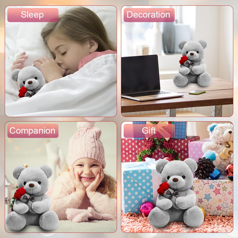 Fouvin Orsacchiotto con Rosa in Peluche 23 cm - Morbido Peluche per Bambini e Ragazze, San Valentino, Compleanni, Mamma e Decorazione Casa