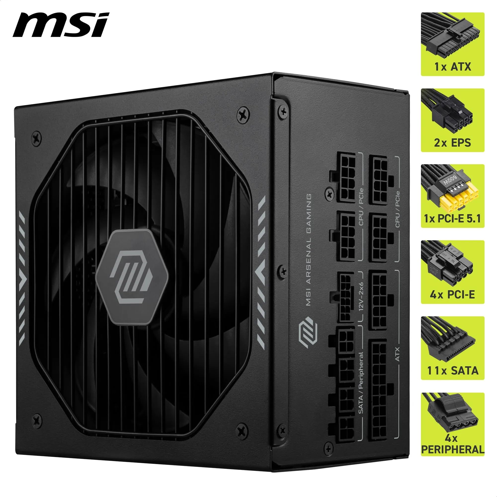 MSI MAG A1000GLS PCIE5 Alimentatore - 1000W, 80 PLUS Gold, compatibile ATX 3.1, supporto GPU PCIe 5.1, connettore 12V-2x6, connettore 12V-2x6 bicolore, PSU ATX, cavi modulari con guaina strutturata
