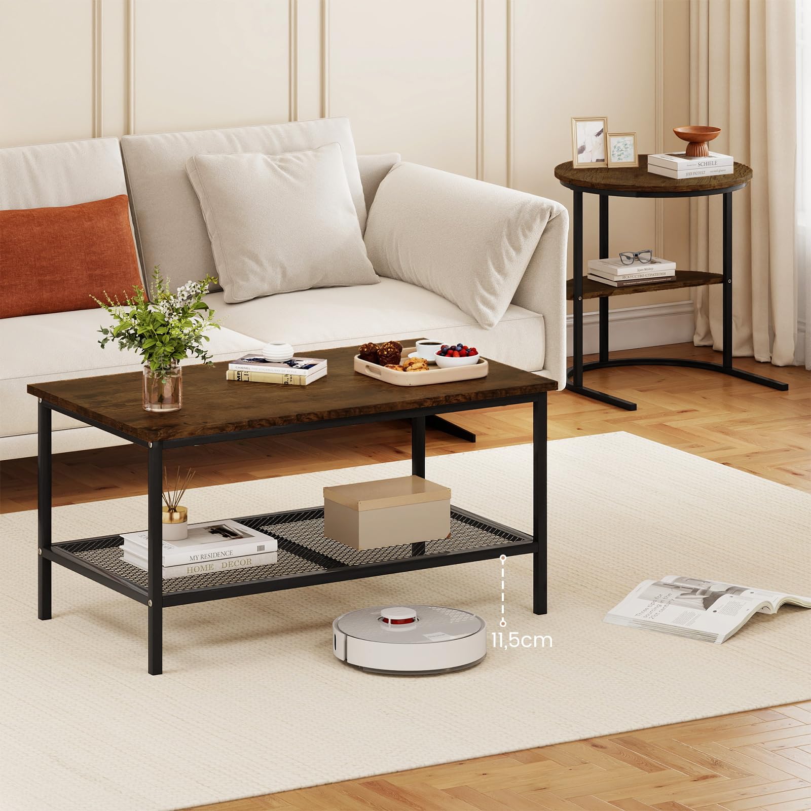 COSTWAY Juego de Mesa de Café 2 en 1, Mesa Redonda y Juego de Mesita Rectangular con Tapa de Mármol Sintético y Estante de Almacenamiento Adicional, para Sala de Estar, Dormitorio (Negro y Marrón)