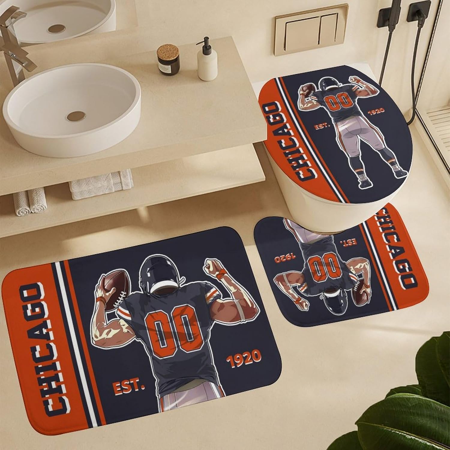 Custom 4PCS Chicago Shower Curtain Set, Personalized Name and Number Shower Curtain Set for Bathroom, Includes Bath Mat, Toilet Cover Mats, U-Shaped Mat and Shower Curtains 72 Inch X 72 Inch