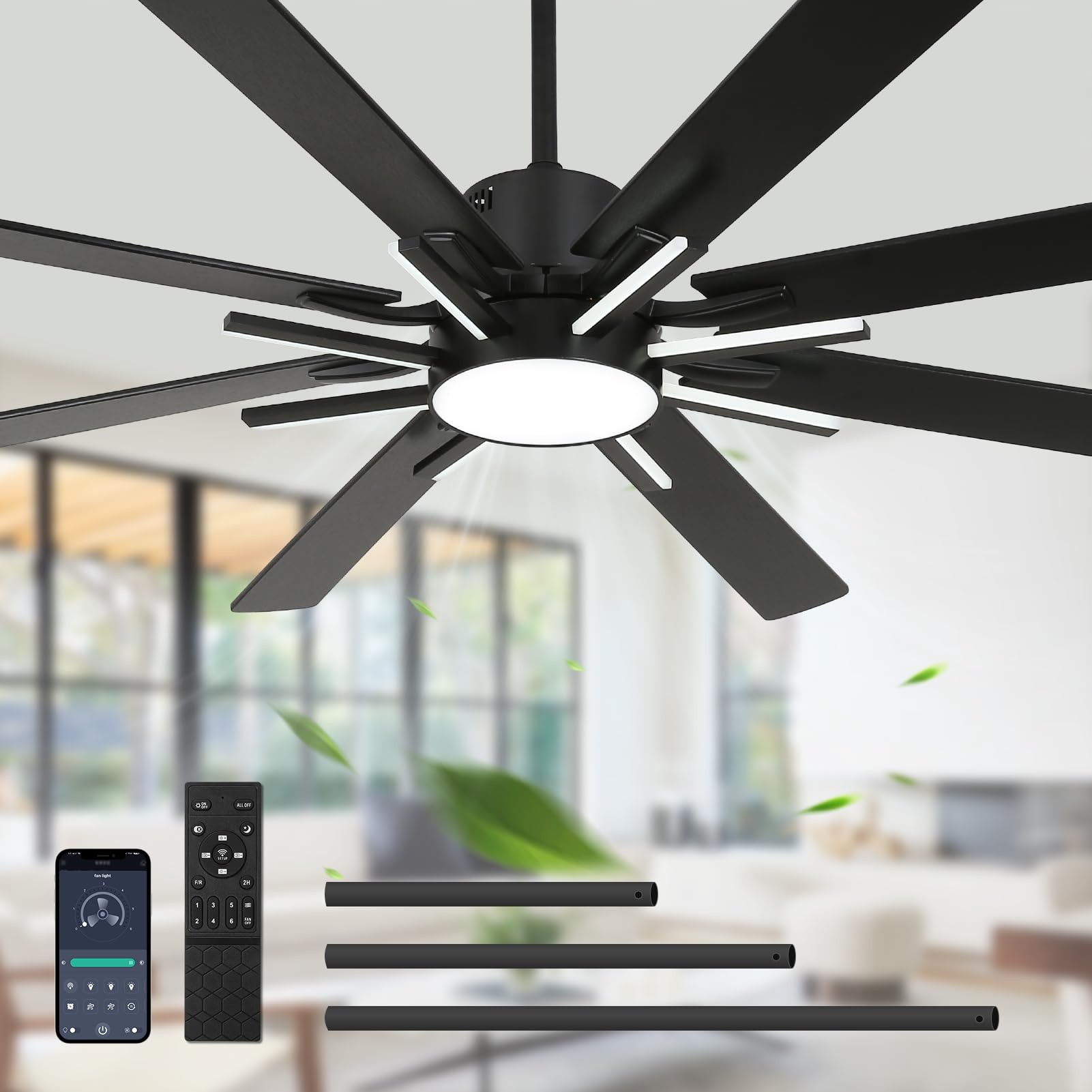 YYEHON 72 Inch Modern Ceiling Fan with Lights & Remote, Large Chandelier Ceiling Fan for Living Room, Patio, Farmhouse, 8 Blades & 9 Lights, 6-Speed Reversible DC Motor, 3 CCT, Black