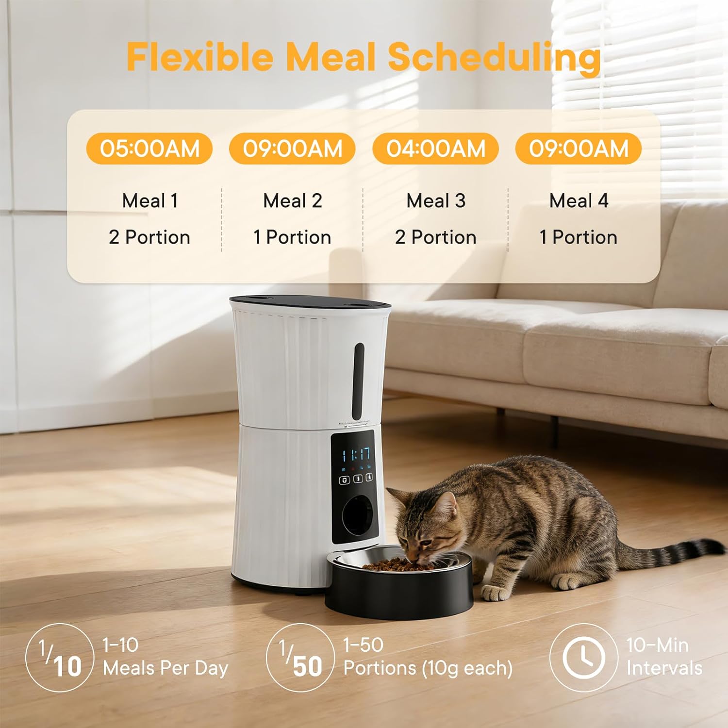 NEWBULIG Automatic Cat Feeder, 4L Timed Pet Feeders with 10s Voice Recorder, Dog Food Dispenser with APP Control, Dry Food, 10 Meals, Programmable 50 Portions, Dual Power Supply, Desiccant Bag