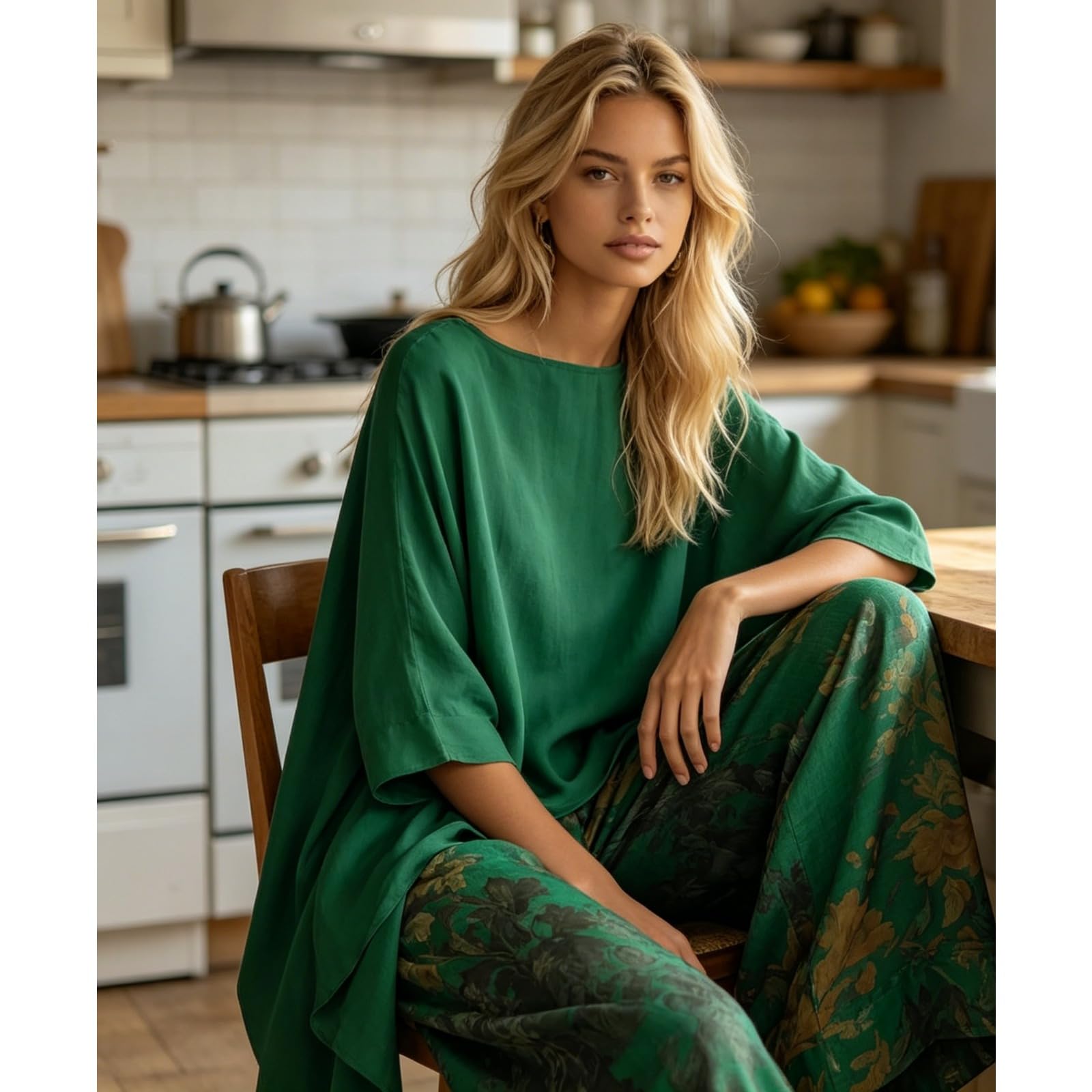 Genérico Conjunto de túnica asimétrica y pantalones de pierna ancha – Color liso, manga larga y dobladillo irregular – Conjunto de dos piezas