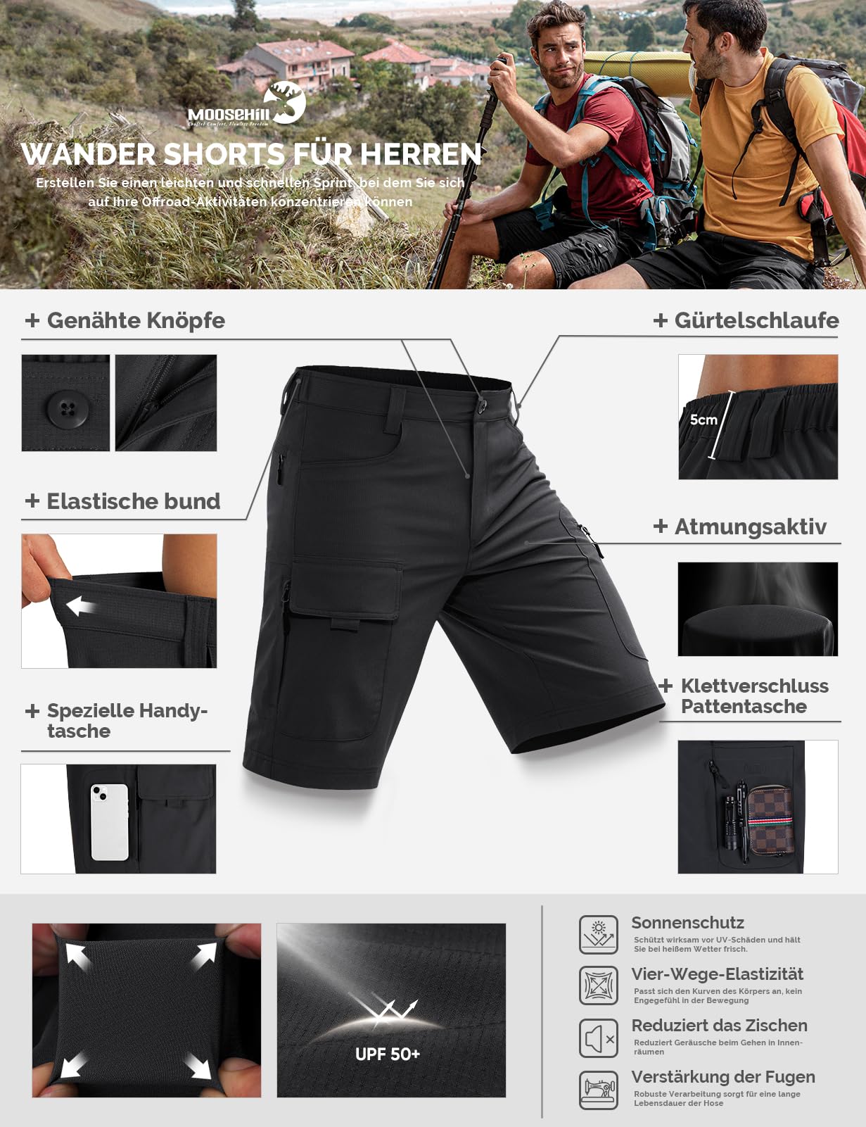 Moosehill Kurze Hosen Herren, Wanderhose Cargo Shorts Wasserabweisend mit 6 Taschen Leichte Atmungsaktiv MTB Hose Radlerhose Fahrradhose Manner Kurz Bermuda Treking Outdoorhose Sommer