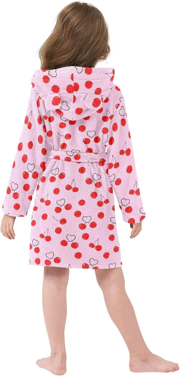 Simple Heart Shaped Cherry Toddler Hooded Bathrobe for Boys Girls Soft Plush Bath Towel Robe 2-12 Years