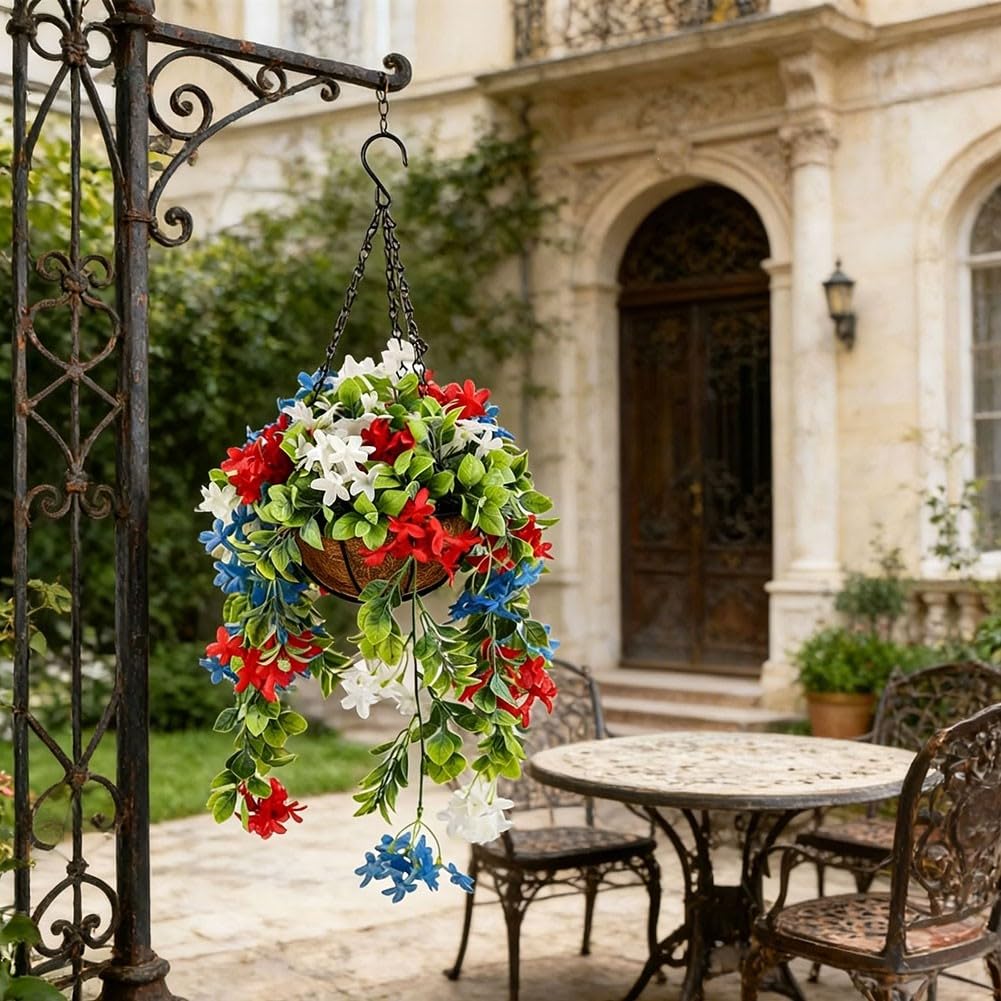Cesto di fiori artificiali rosso bianco blu primavera decorazione vibrante composizione floreale plastica appeso ghirlanda pendente per casa giardino porta parete festa festa celebrazione