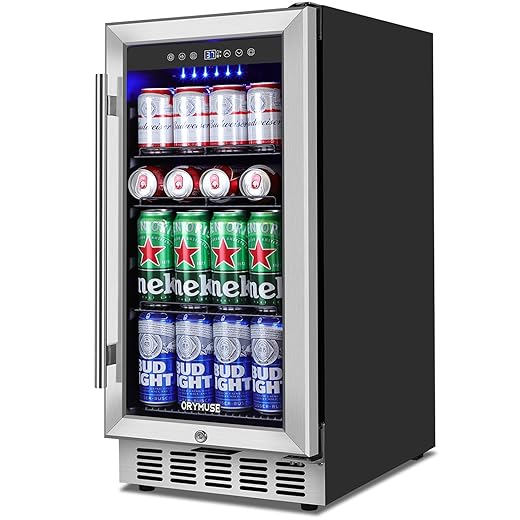 15 Inch Beverage Refrigerator, 130 Can Capacity Under Counter Fridge with Lock & Glass Door, Quiet Built-in or Freestanding Beer Cooler, Powerful Compressor for Fast Cooling