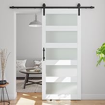 34in x 84in 5-Panel Sliding Glass Barn Door with 6ft Hardware Kit Included, Easy Assembly with Pre-Drilled Holes, Waterproof, Frosted Glass for Bathroom-Fit Max Opening 32in x 82in, White