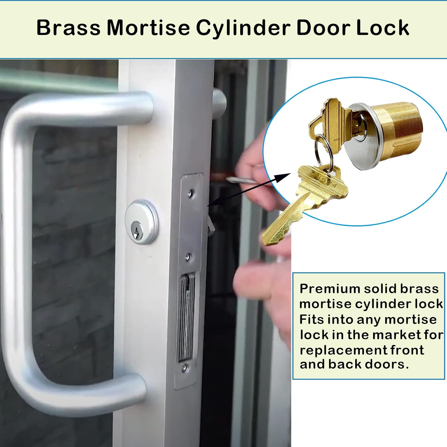 2 Pack Brass Mortise Door Cylinder Lock, 1-1/4" Inch Length Keyed | Standard SC1 Keyway, Door Replacement Lock Cylinder with 2 Keys Suitable for Home and Commercial Use (Sliver).
