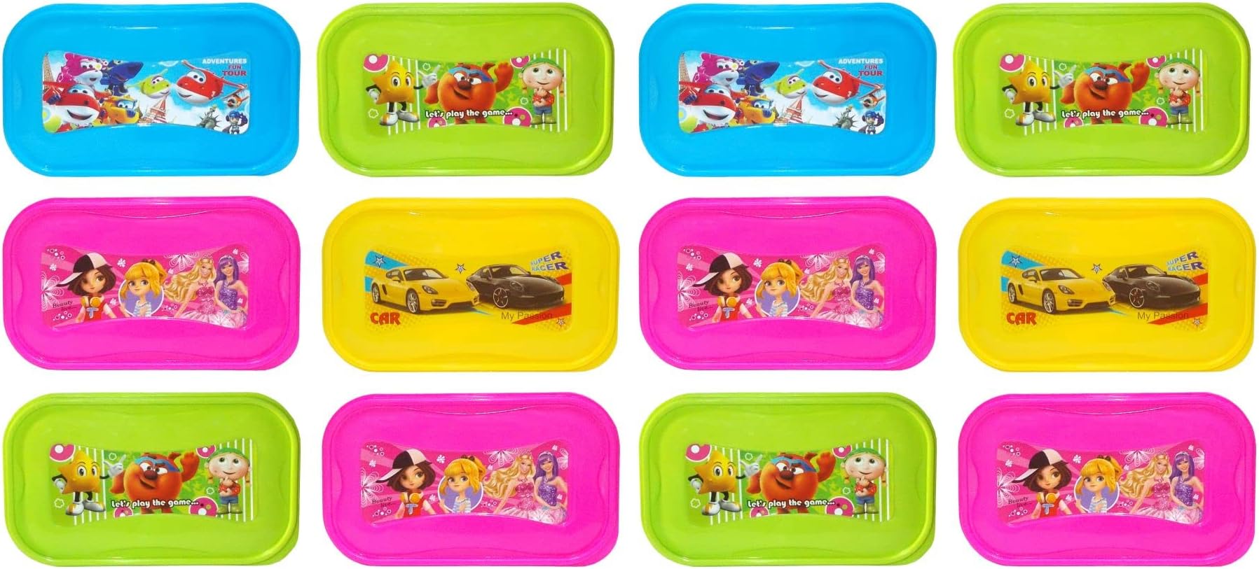 Kotak Sales Dazzy Small Kids Children Fun Cartoon Print Food Grade Lunchbox 500ML Container with 2 in 1 Spoon Fork 120ML Dip Leak Proof Return Gifts Kids Birthday Party (Set of 12 Pcs)