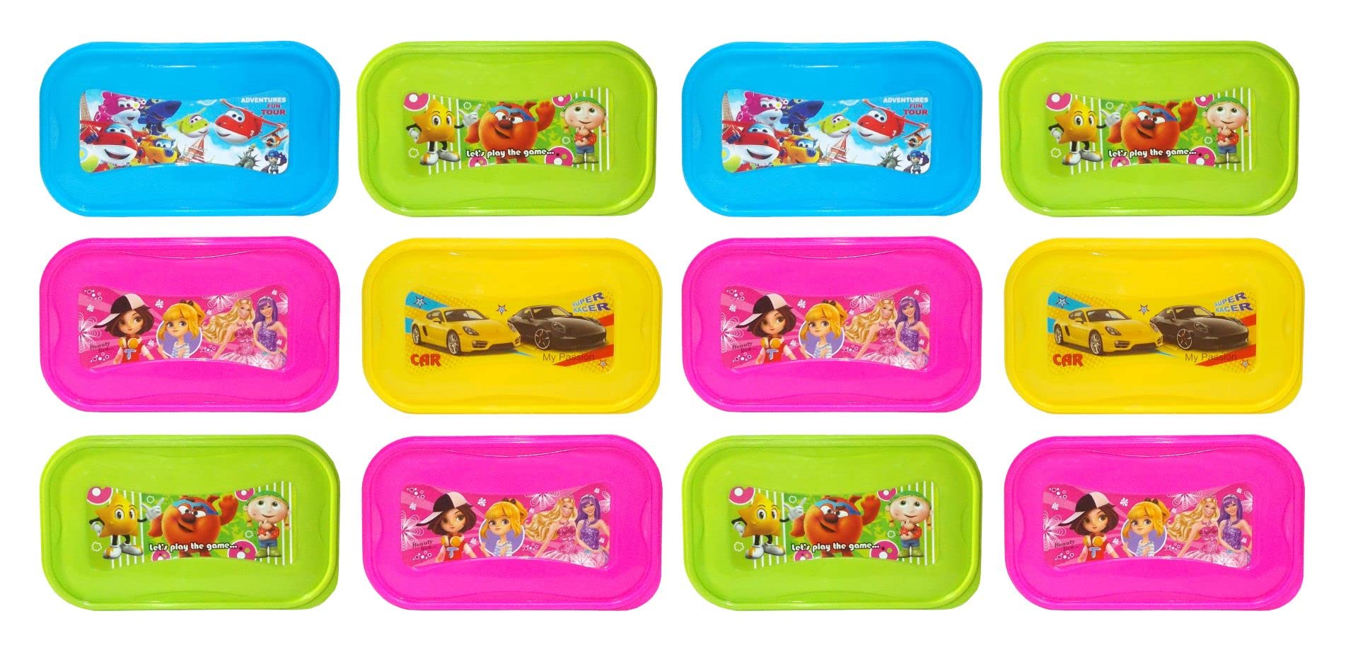 Kotak Sales Dazzy Small Kids Children Fun Cartoon Print Food Grade Lunchbox 500ML Container with 2 in 1 Spoon Fork 120ML Dip Leak Proof Return Gifts Kids Birthday Party (Set of 12 Pcs)