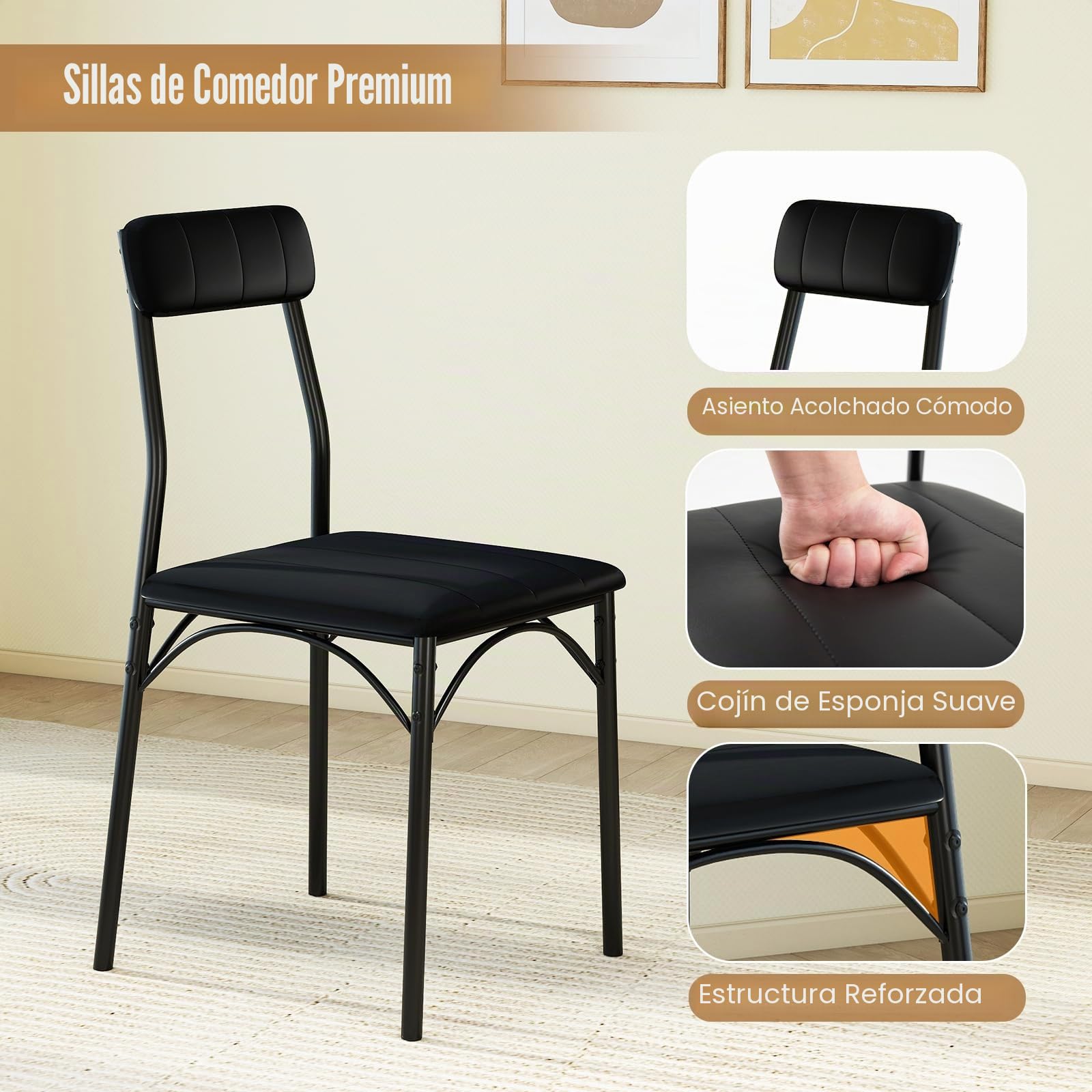 GIANTEX Juego de Comedor 3 Piezas, Mesa de Comedor Cuadrada y 2 Sillas Acolchadas, Marco Metálico, para 2 Personas, Conjunto de Mesa y Sillas Compacto para Cocina, Bar, Cafetería