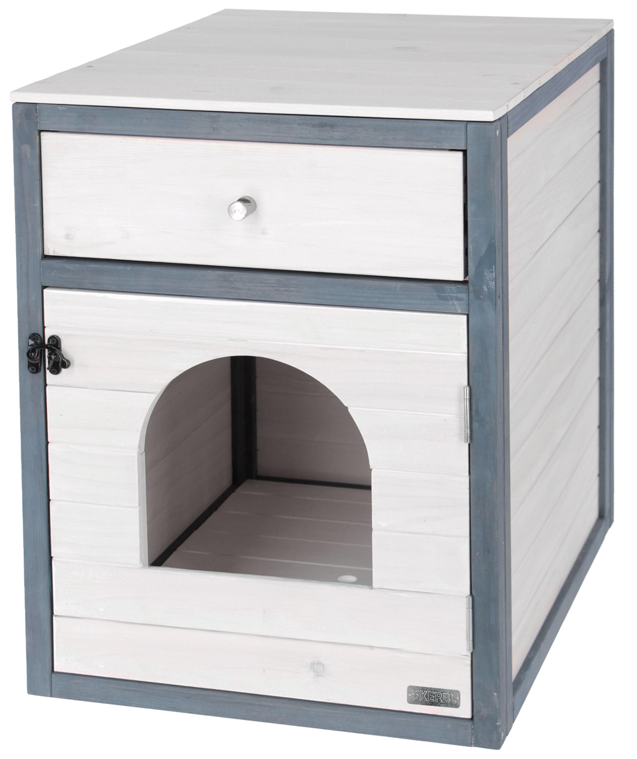Kerbl Pet Armario para Gatos IDA, casa para Gatos, Blanco, Gris, 58x45x60cm, Madera, para Gatos, con cajón, cojín Integrado