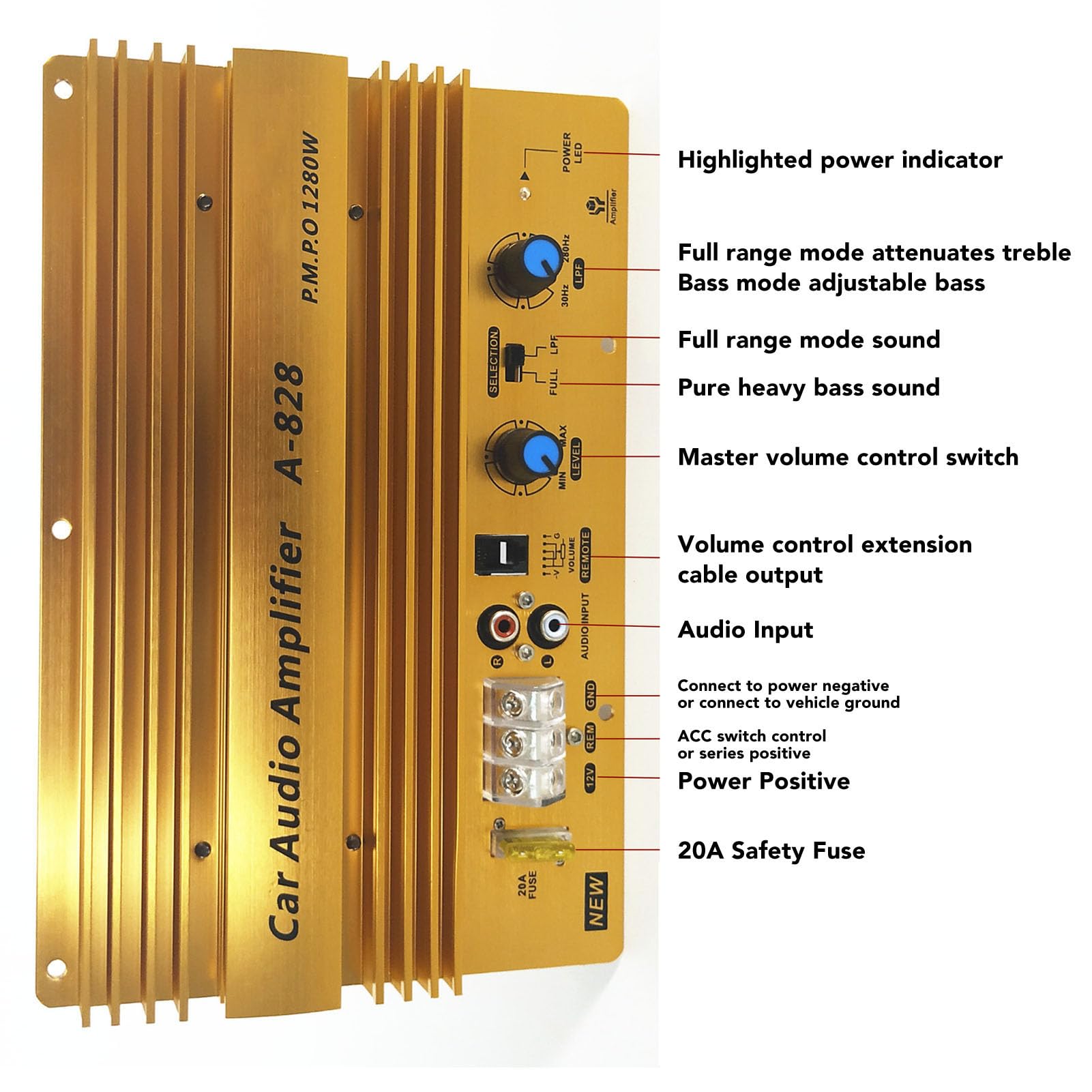 A828 Car Audio Amplifier 12V 1280W Car Amplifier Board, 2 Channel Amplifier Car Audio, Car High Power Stereo Amplifier, Car Accessories for 8 to 12 Inch Subwoofer