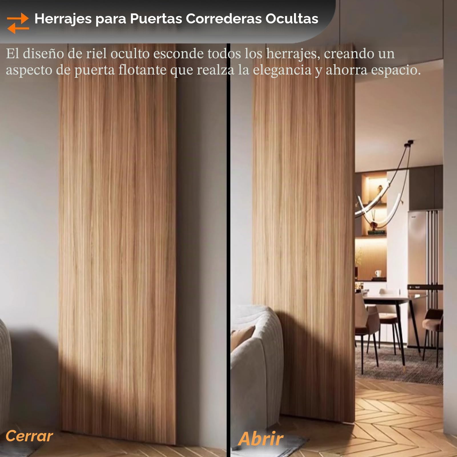 Kit de herrajes invisibles para puertas correderas con mecanismo de cierre suave para armarios modernos y puertas empotrables