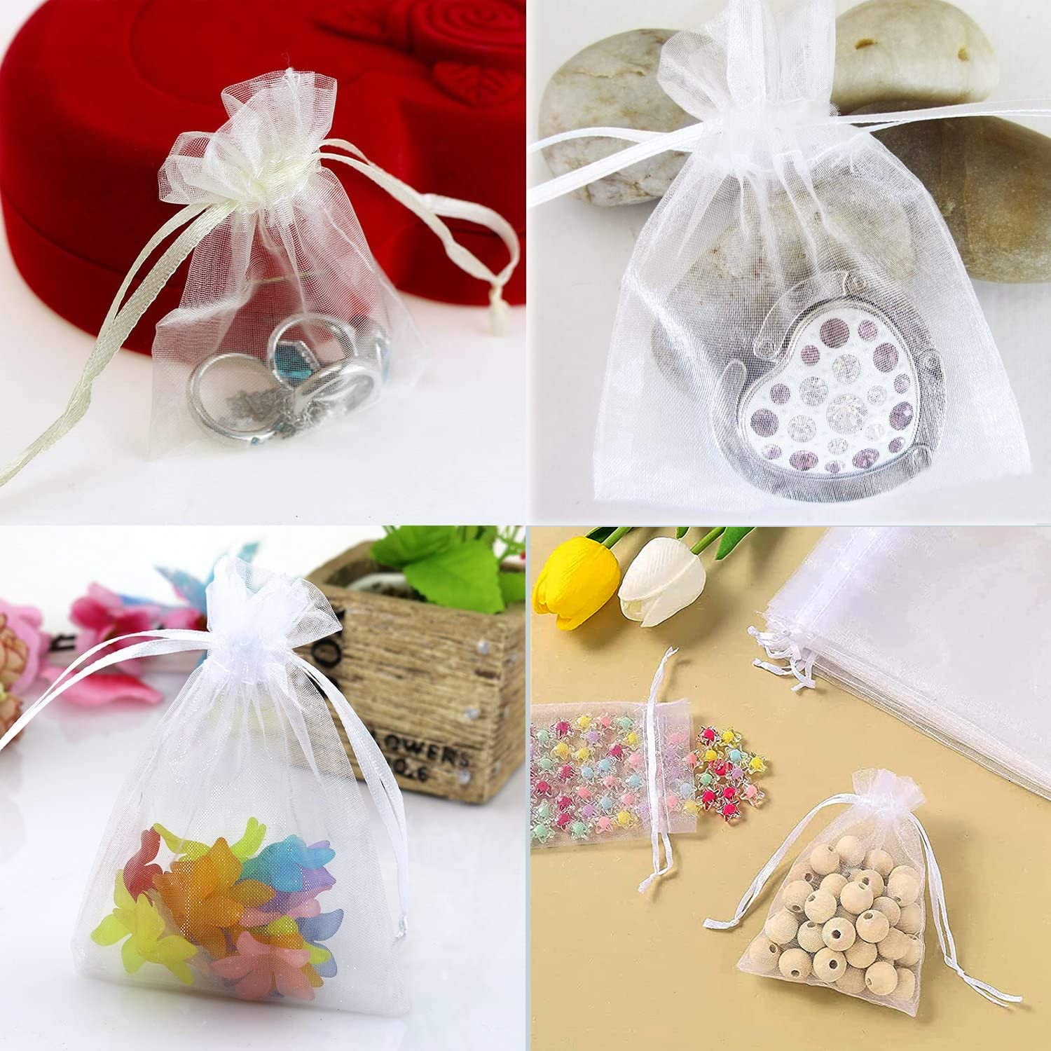 100 bolsas de organza blancas de 9 x 12 cm, bolsas de regalo, joyas para bodas, fiestas, festivales, fiestas y bodas, cordón de satén