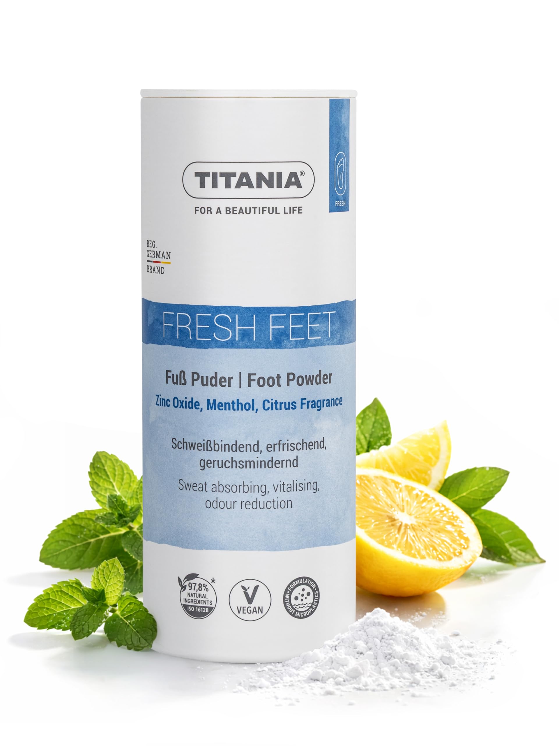 TITANIA Polvere per piedi – lega sudore, umidità e odori | rinfrescante con ossido di zinco e mentolo e profumo di agrumi per un clima piacevole del piede | Vegano, senza microplastica, 100 g