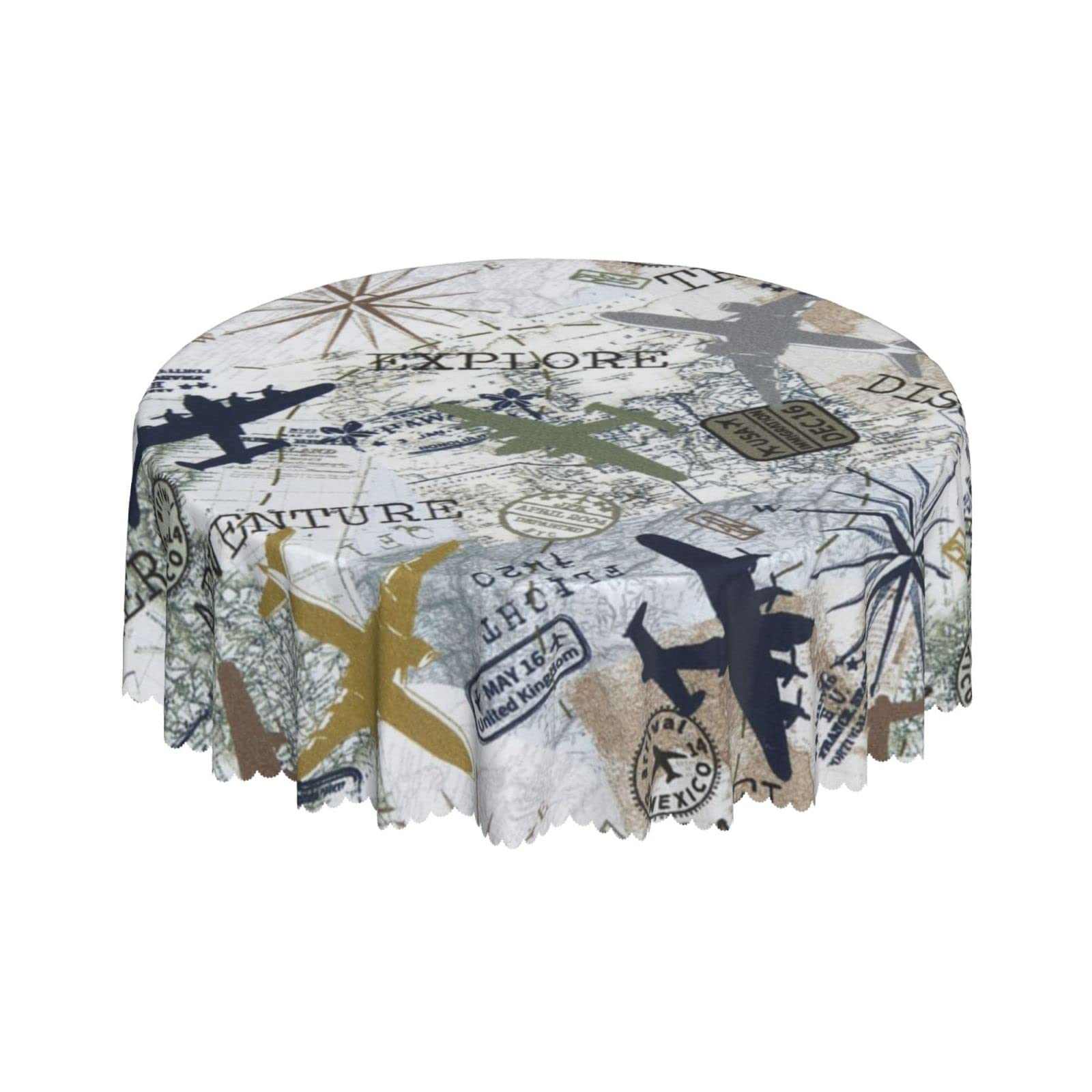 Lsjuee Travel Map Round Tablecloth 60 Inch Printed Washable Tablecloth for Dining Party Holiday Fall Home Decorative